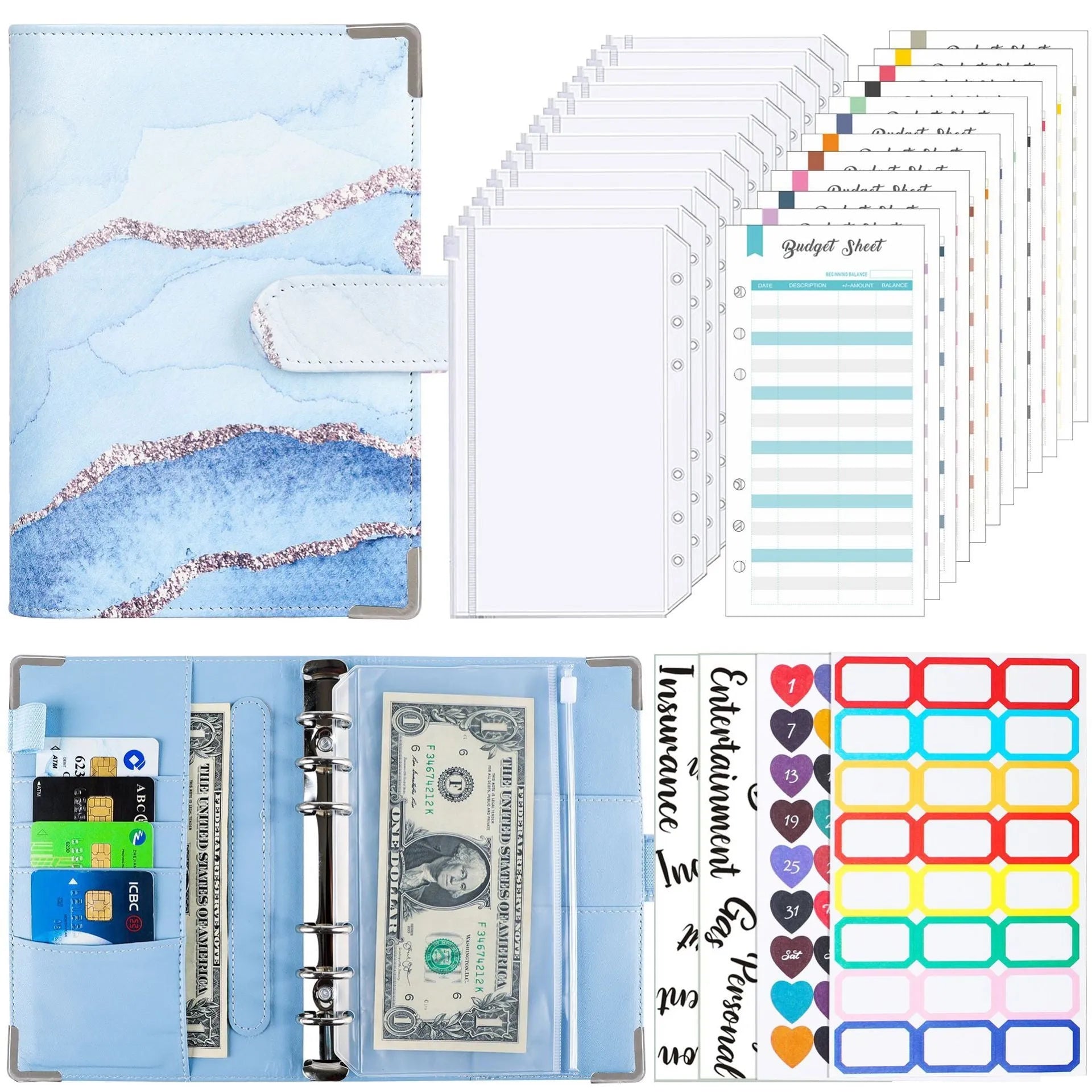 A6 loose-leaf budget notebook with UV blue gray printed cover, ring binder, and budget cards set