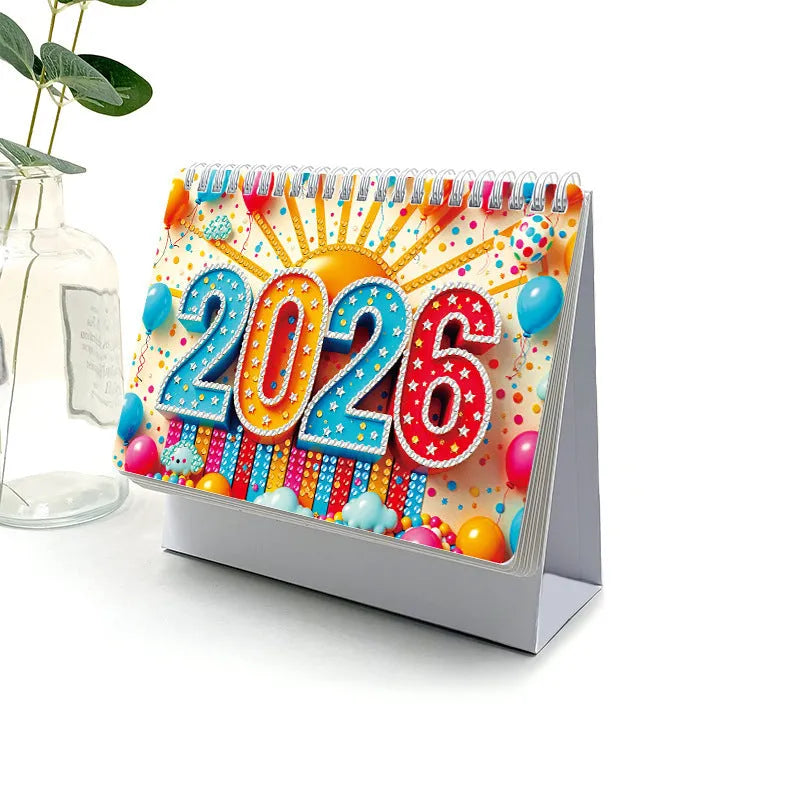 Handmade diamond painting desk calendar with stick-on crystals on white card, frameless modern simplicity design