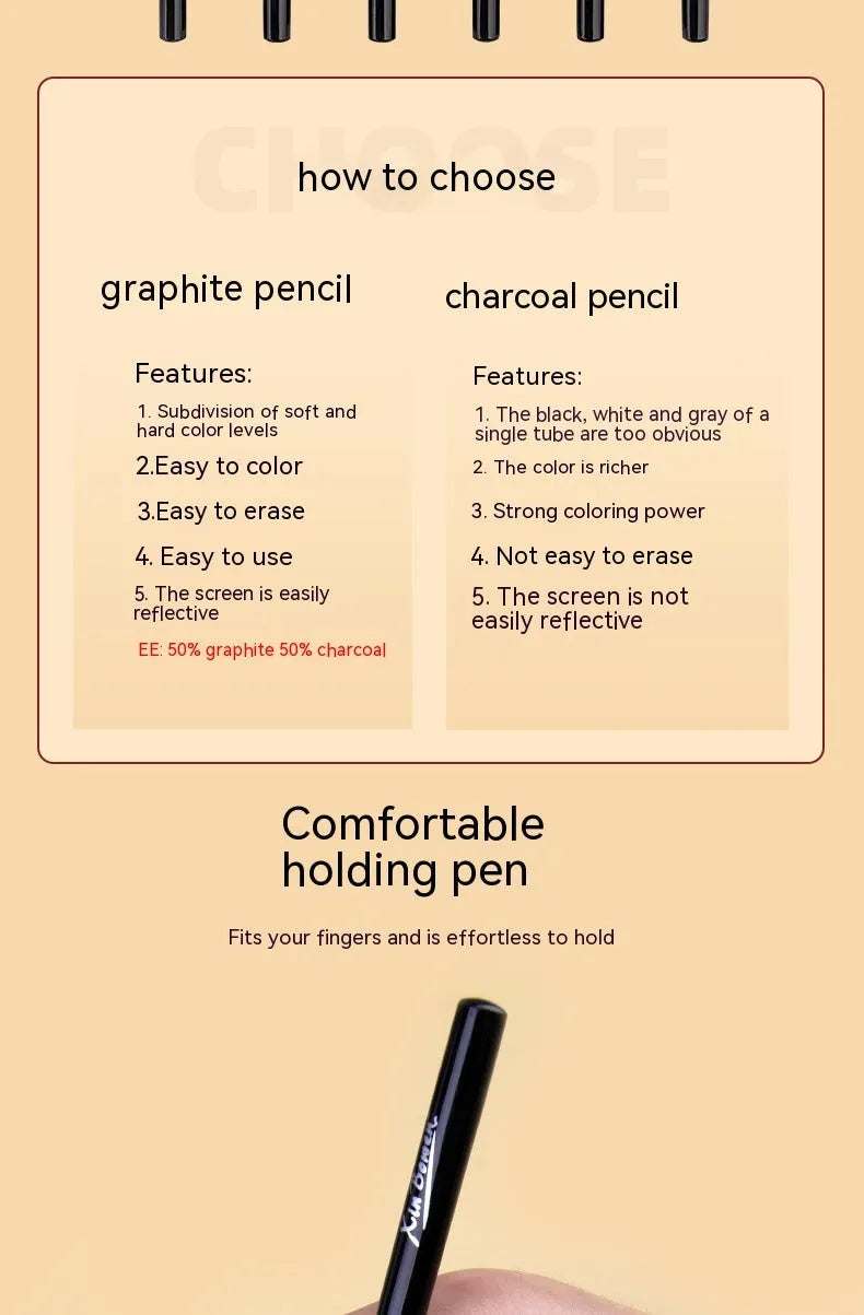 Set of six wood-free graphite sketching pencils with HB, 2B, 4B, 6B, 8B, EE gradings for art.