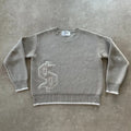 Grey loose-fitting long sleeve knitwear coat on a hanger.
