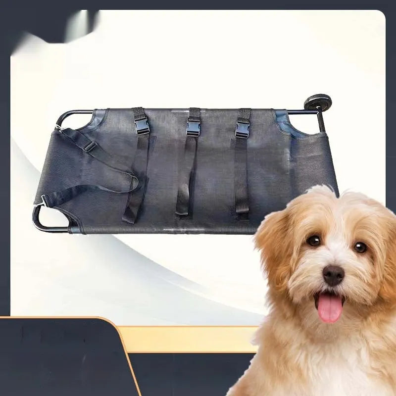 Large black folding aluminium alloy pet stretcher for emergency dog transfer.