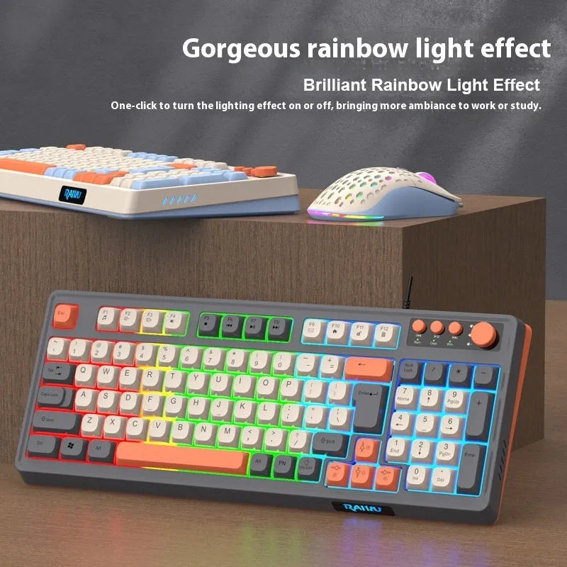 Wired gaming keyboard and mouse set in white and grey, mechanical feeling keyboard with photoelectric mouse