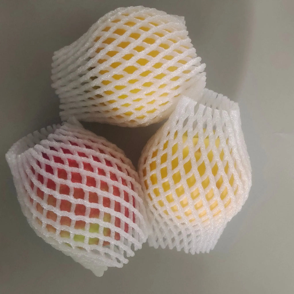 White foam fruit protective net cover shown in multiple size options for transport protection