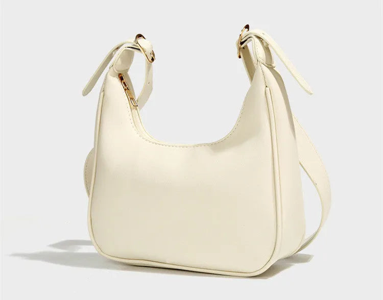Simple all-match crescent PU crossbody bag in black with single shoulder strap and open outer pocket for women