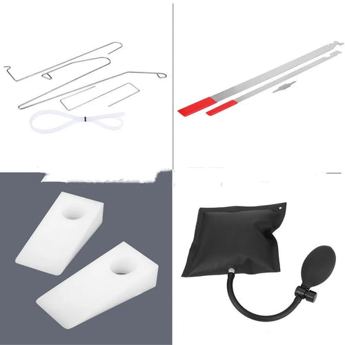 9-piece automotive emergency tool set showing air pump wedge, plastic wedges, crowbars and hooks for vehicle access