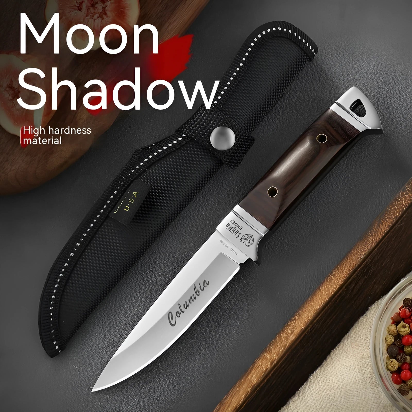 Camping multifunctional portable fruit knife with leather case, stainless steel construction