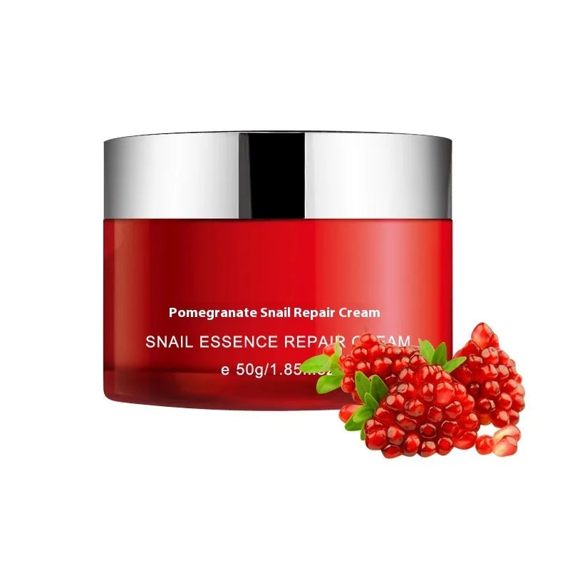 Pomegranate skincare set showing four red bottles: face wash, toner, lotion, and facial cream