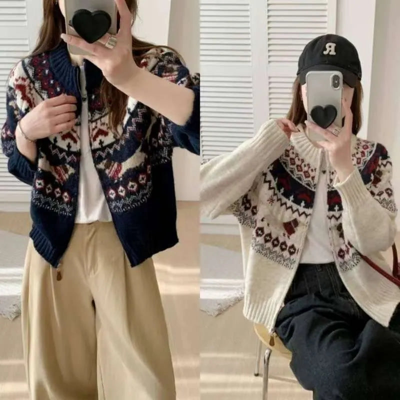 Ethnic style jacquard pullover sweater with 3D pattern in apricot or navy blue colour
