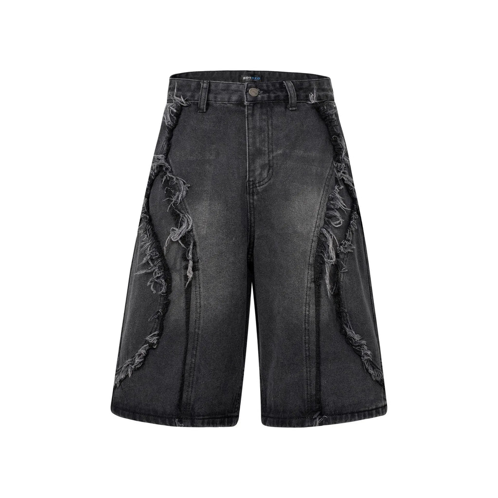 Men's distressed raw edge denim shorts in straight cut hip hop style
