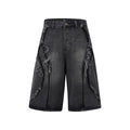 Men's distressed raw edge denim shorts in straight cut hip hop style