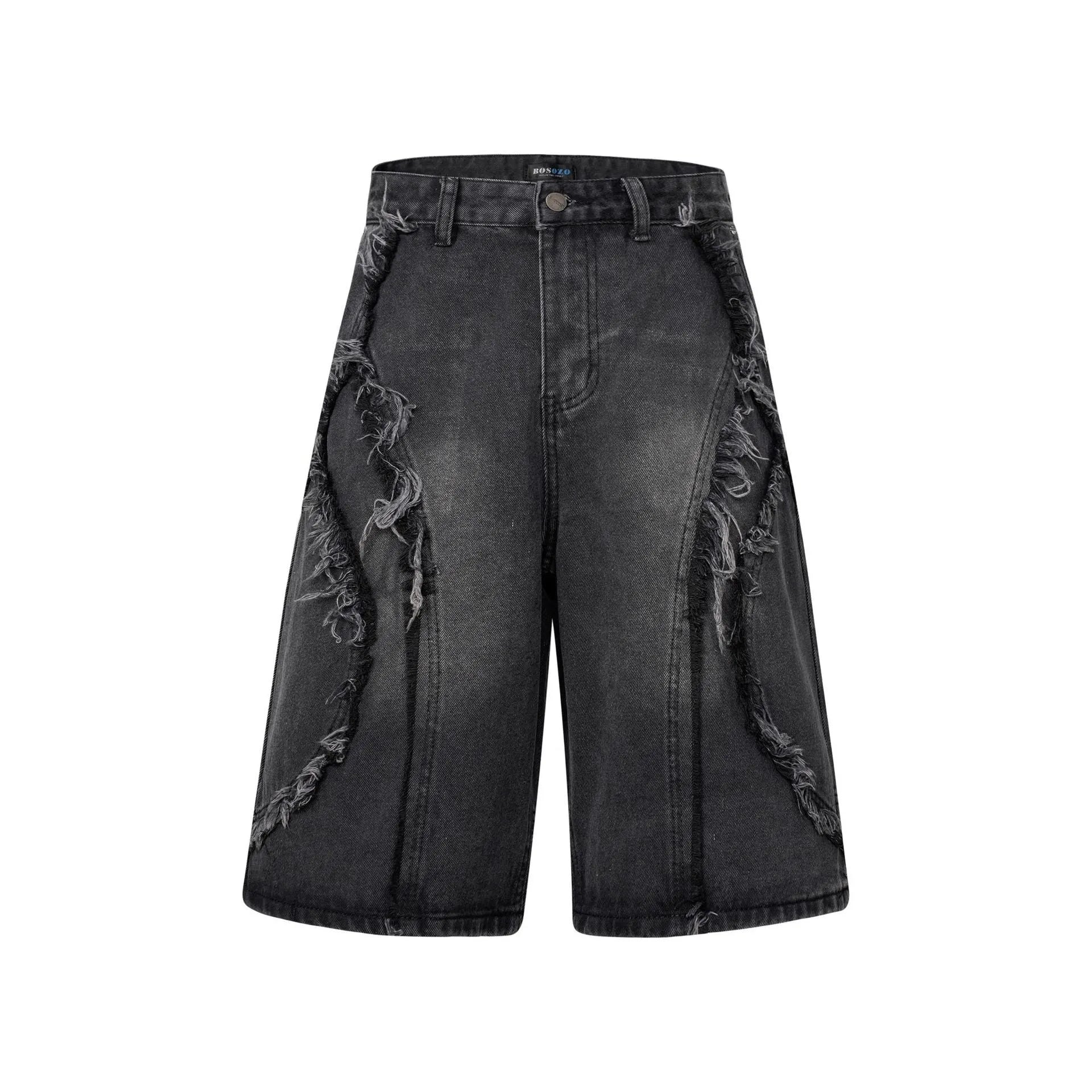 Men's distressed raw edge denim shorts in straight cut hip hop style