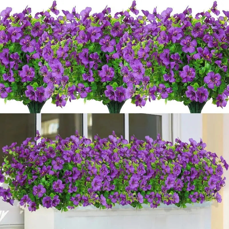 Single artificial eucalyptus flower stem in purple plastic with green leaves