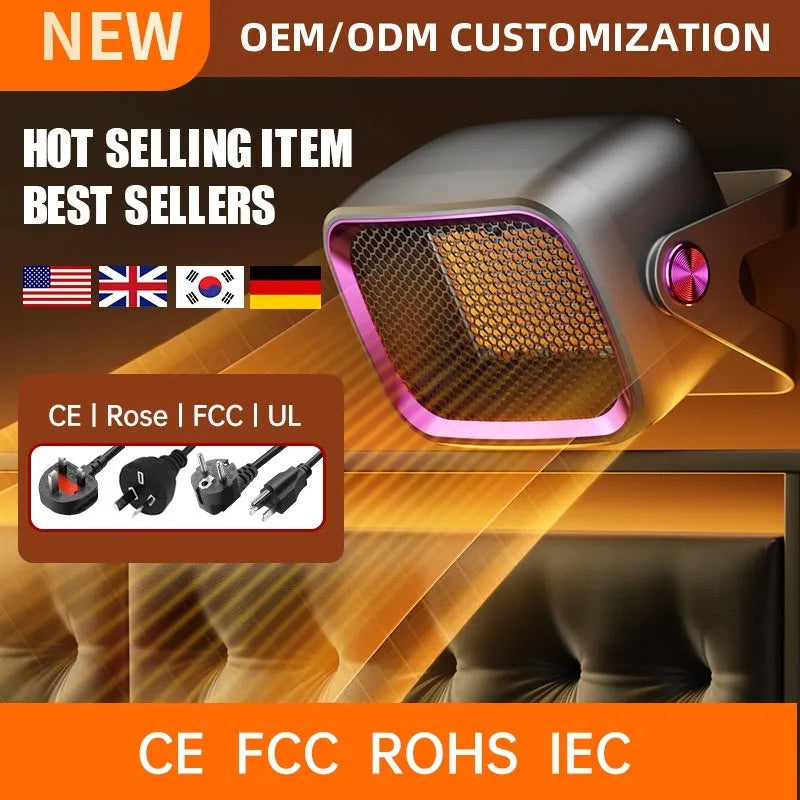Compact white desktop ceramic heater showing rotatable base and control buttons.