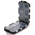 Plastic fishing tackle storage box with 10 compartments measuring 9.5 x 6.5 x 3 cm