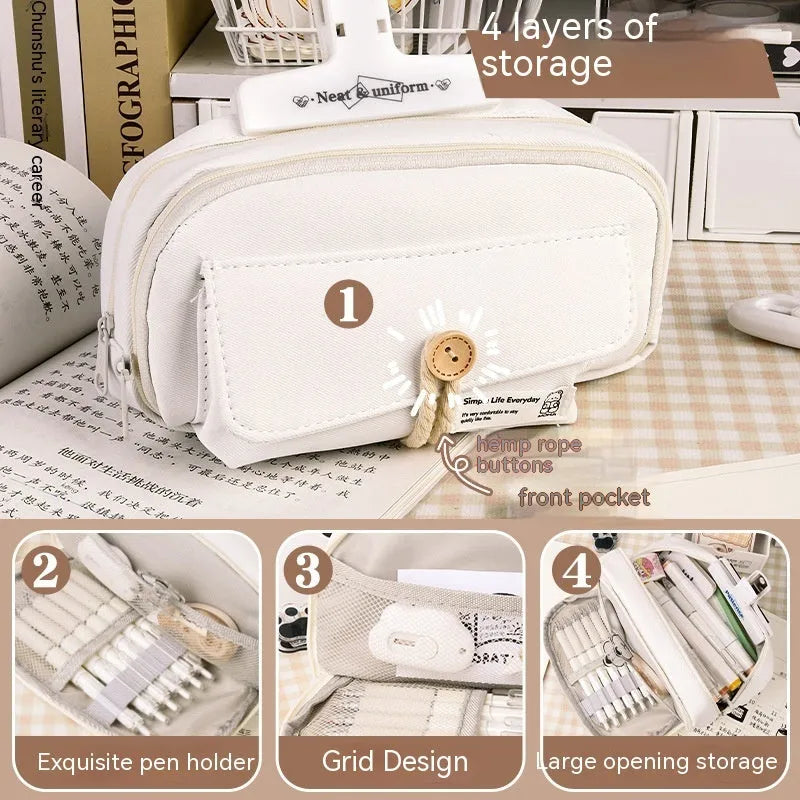 Korean style canvas pencil case in beige, blue, grey, and green colour options with large capacity for approximately 80 pens