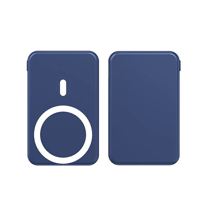 Magnetic wireless charging power bank with folding stand unfolded, shown in navy blue colour.