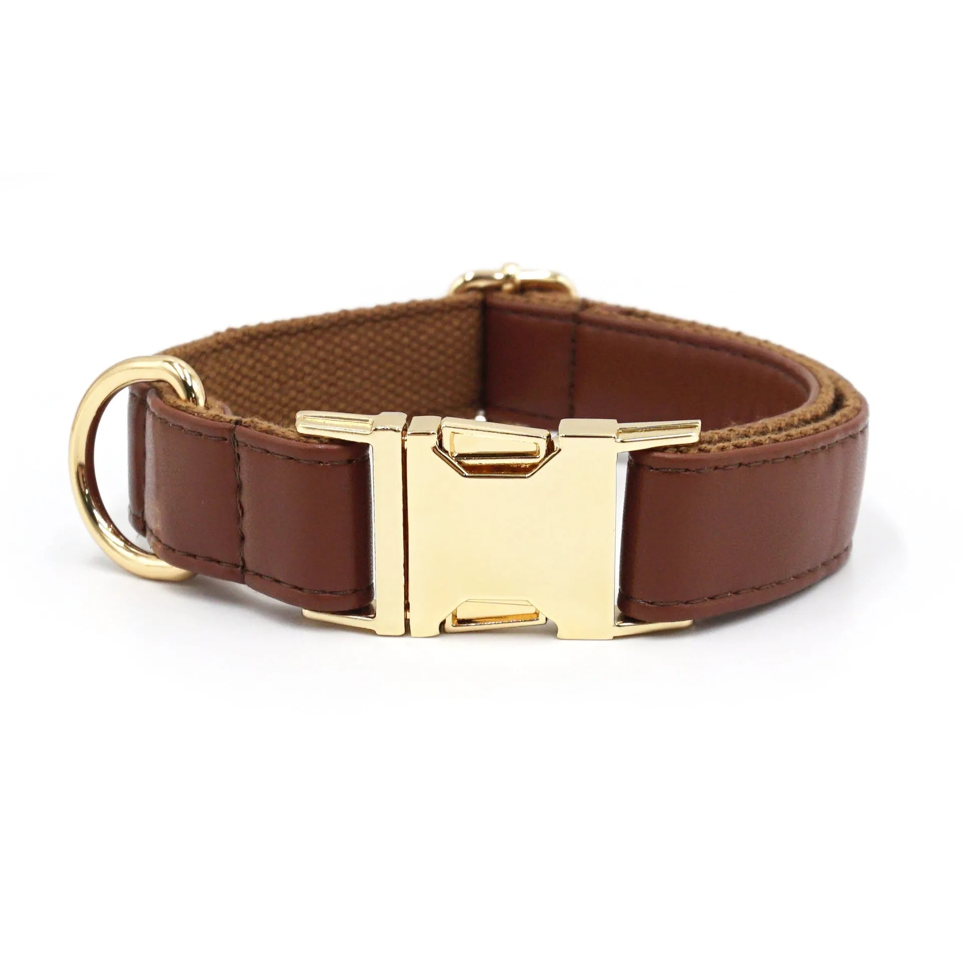 Simple colour block leather dog collar shown in caramel colour on a white background.