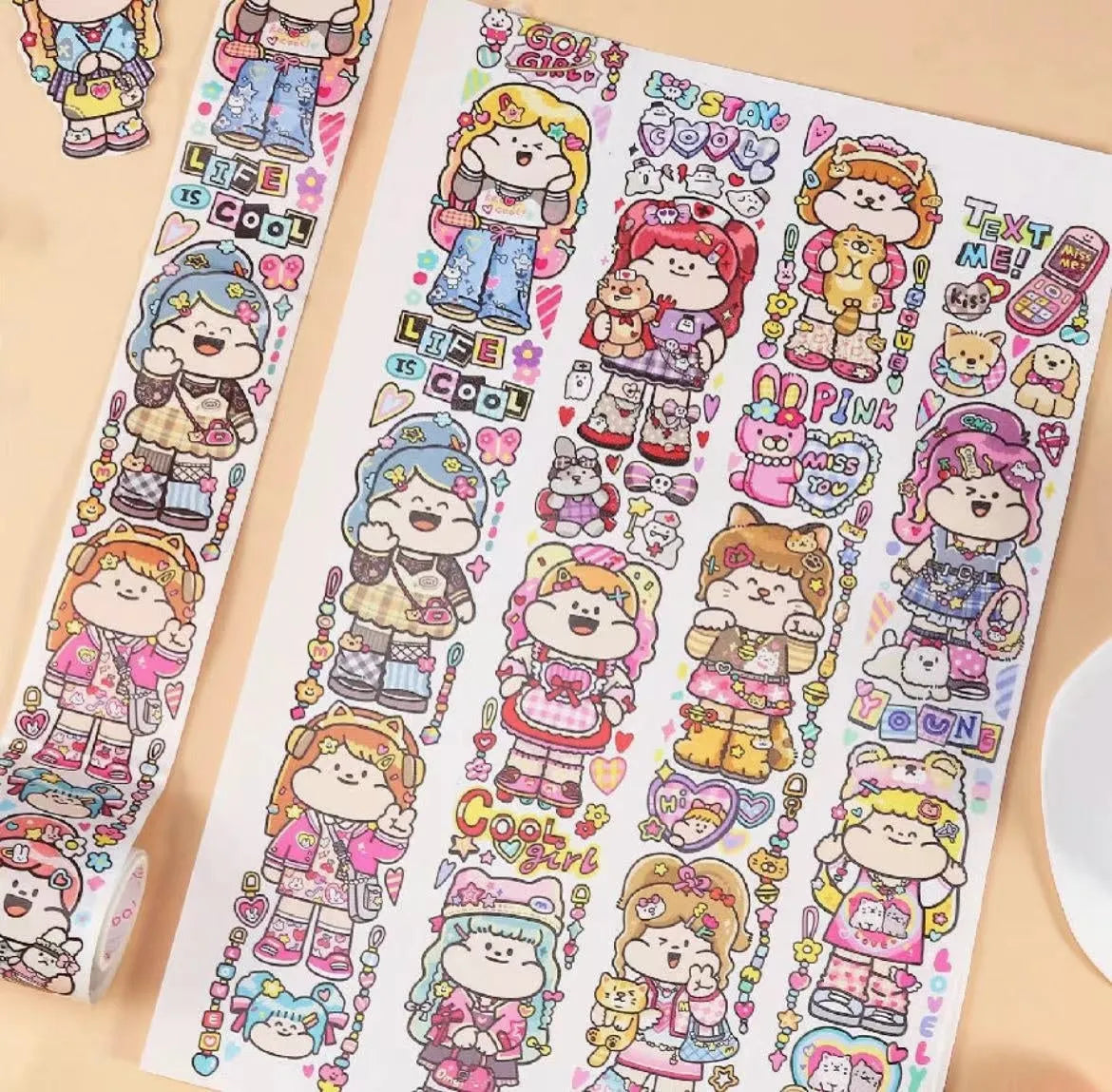 Sheet of cute cartoon character adhesive stickers printed on Japanese paper for medical packaging.