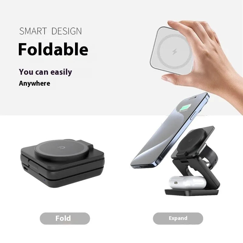 White foldable magnetic wireless phone charger holder in open position on a desk