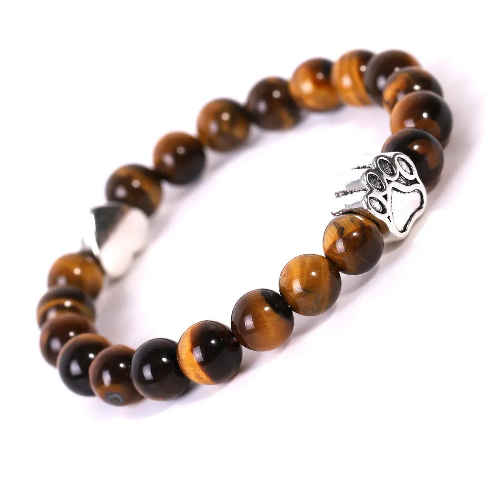 Tigereye Indian agate stone bead bracelet with dog's paw and heart charms in geometric design