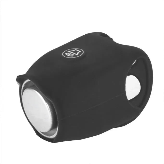 Bicycle electronic horn in plastic body with black colour, showing fixture and fitting for handlebar mounting