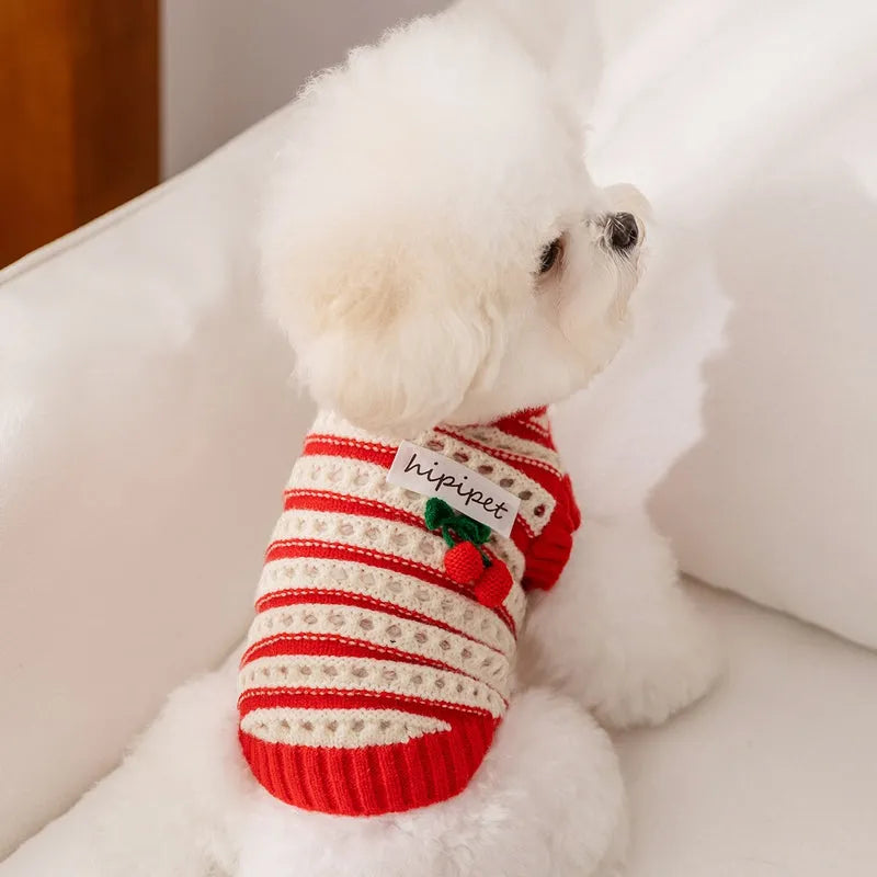 Red knitted cherry pet sweater with white stripes and 3D cherry embroidery for small dogs and cats