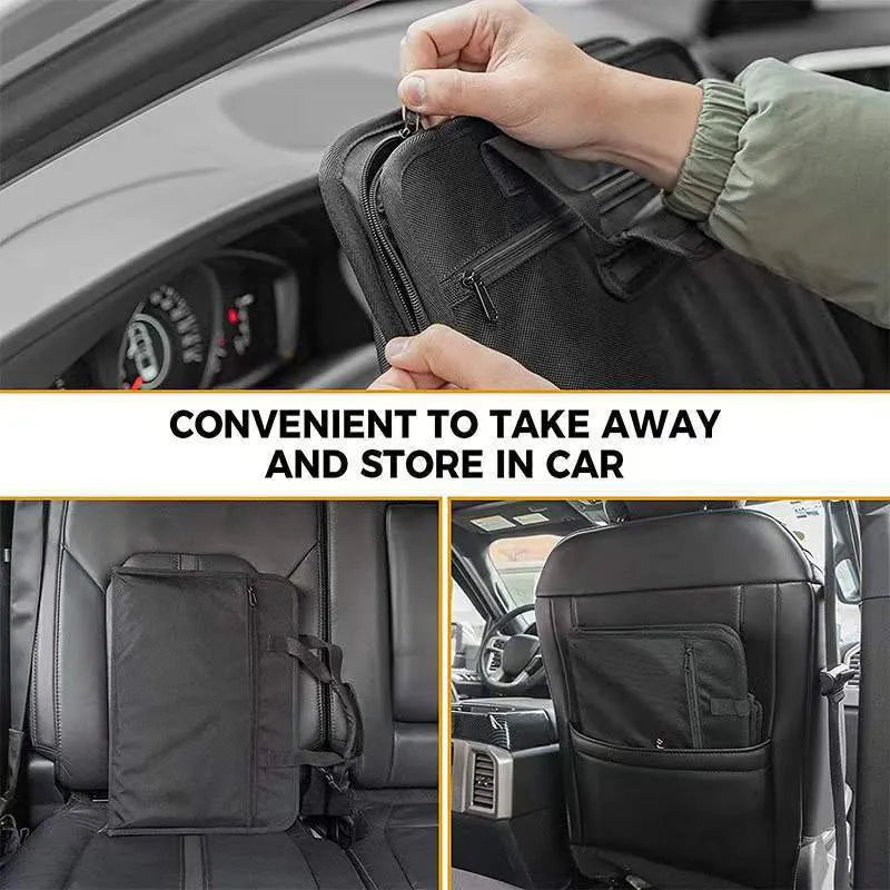 Black Oxford cloth car computer bag with sewing thread details, open showing multifunctional storage and drawing board