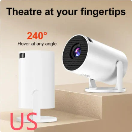 White mini wireless portable HD projector showing 1080p resolution for home cinema use.