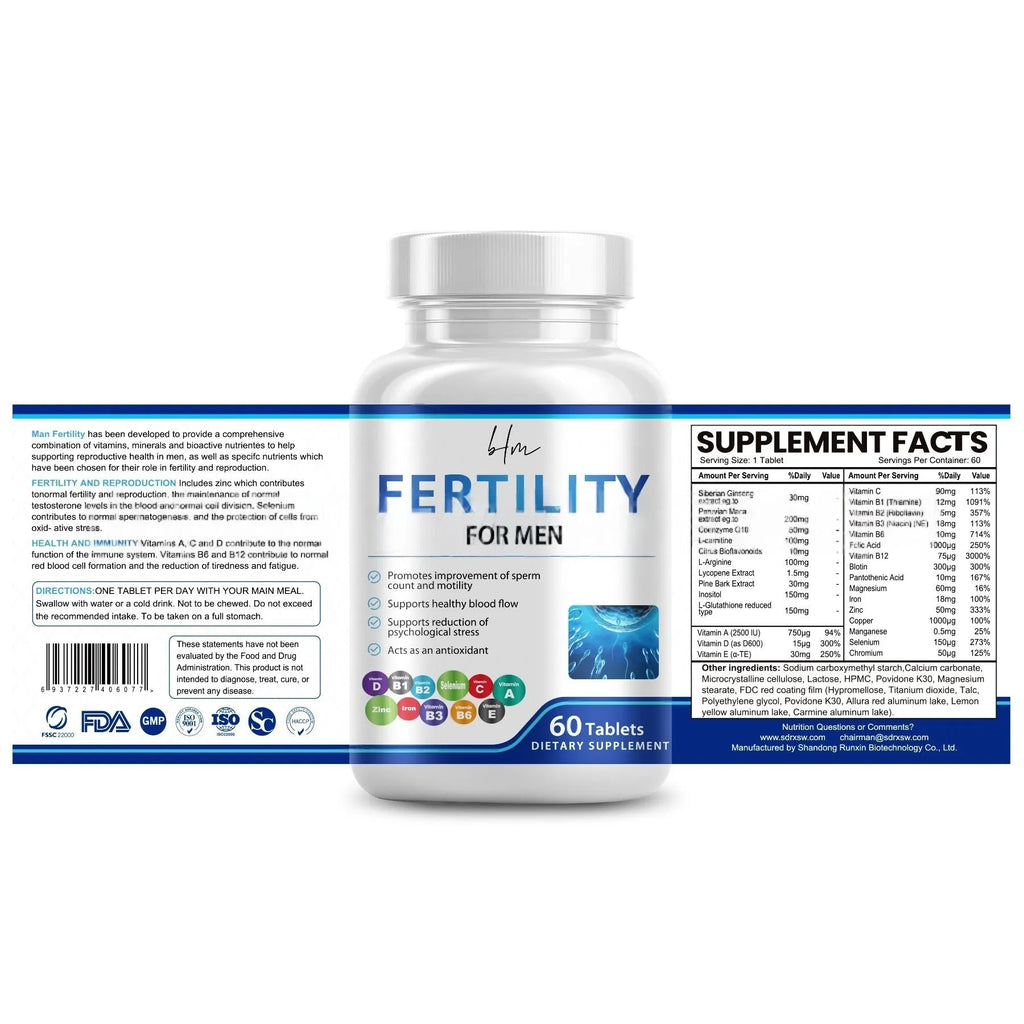 Bottle of 60 male fertility tablets with vitamin mineral amino acids formula.