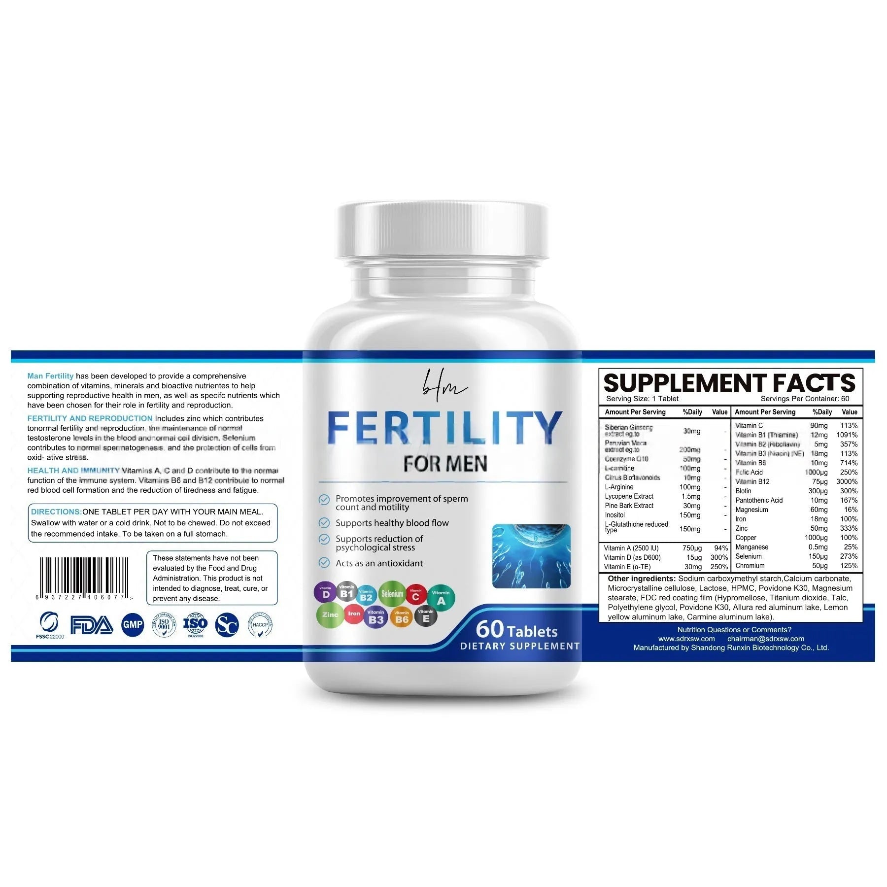 Bottle of 60 male fertility tablets with vitamin mineral amino acids formula.