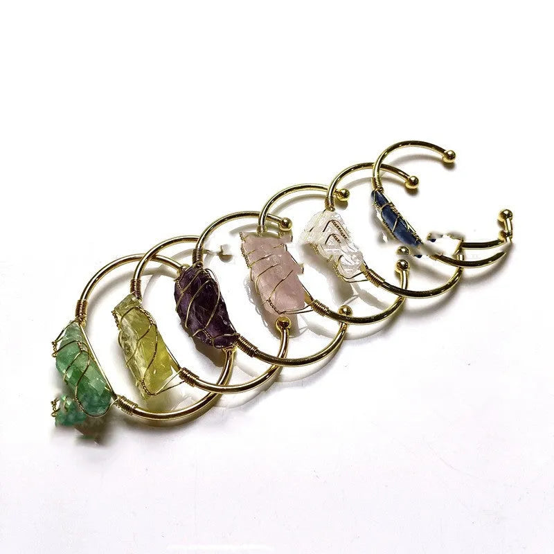 Natural crystal rough stone bracelet with gold winding geometric bohemian design