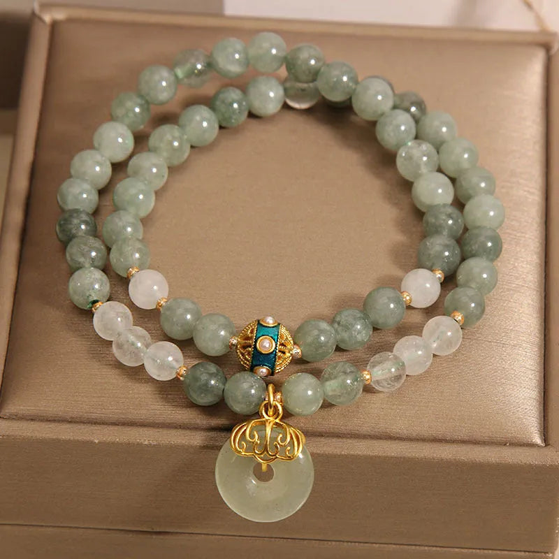 Women's aventurine double-layer crystal bracelet with oil green jade elements and peace buckle closure