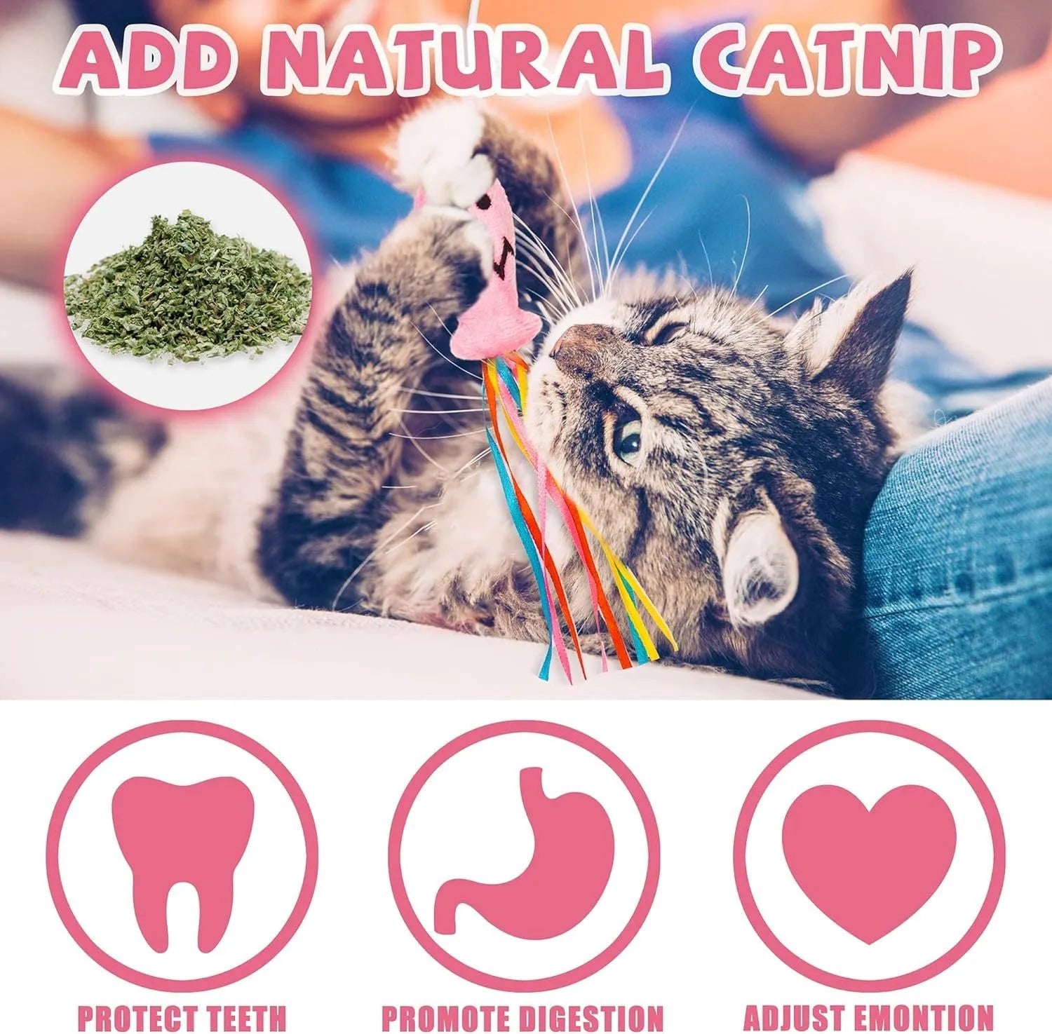 Colourful cat wand toy with ribbons, bell, and catnip fish on a wooden handle.