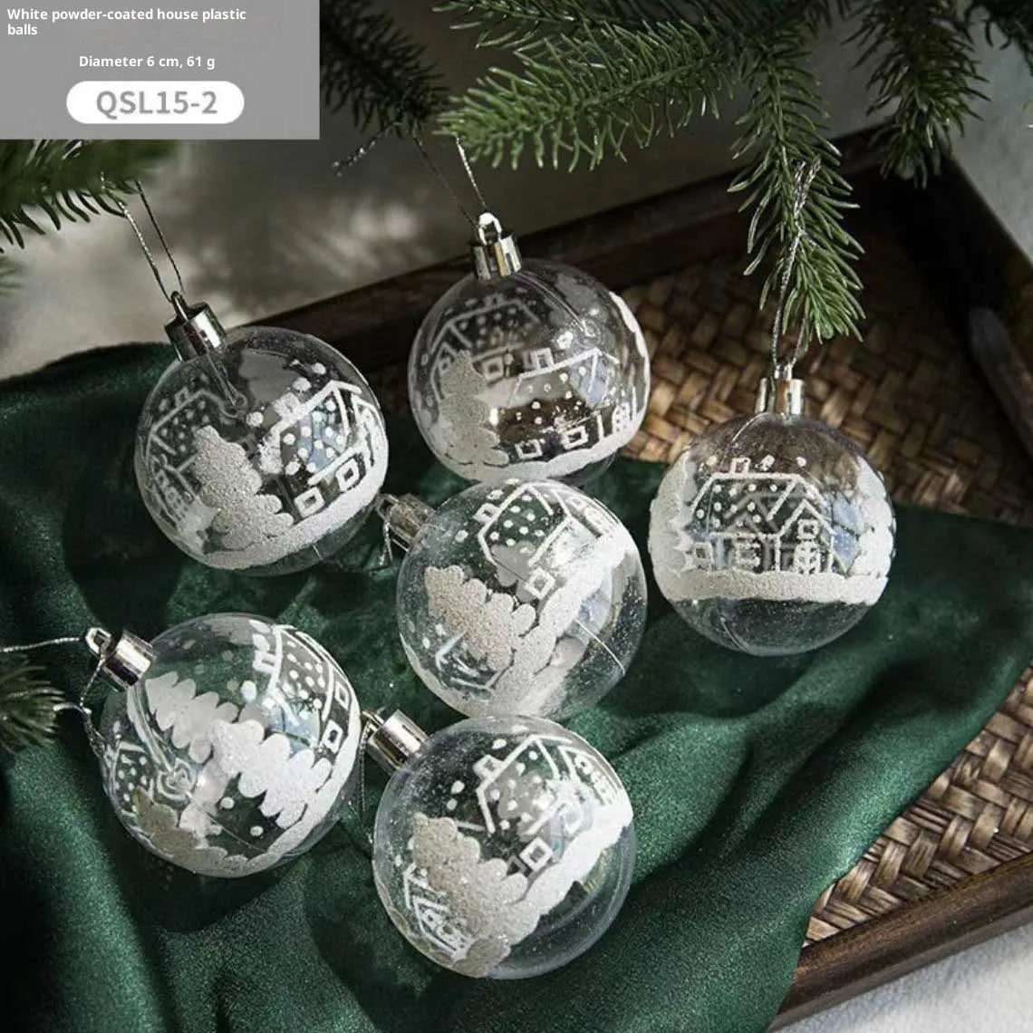 Set of six transparent 6cm acrylic Christmas ball ornaments with hand-painted colour, modern simple style