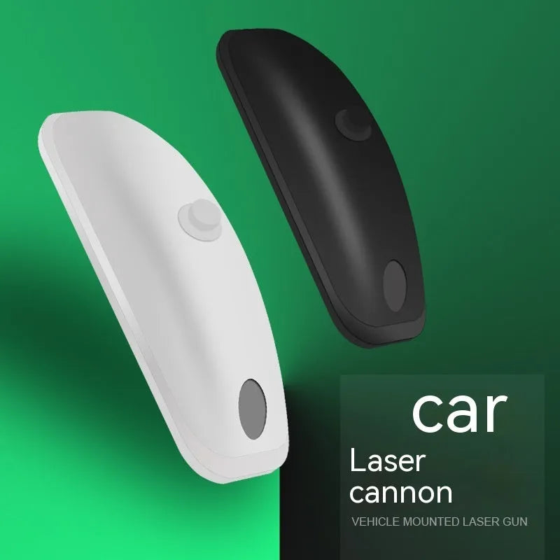 Black and white remote-controlled car strobe light with USB cable on a vehicle.