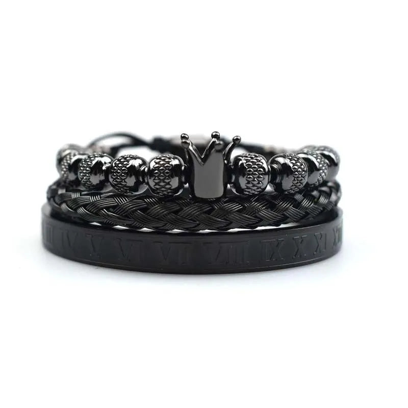 Men's adjustable copper zircon bracelet with Roman royal crown charm, four colour finish options