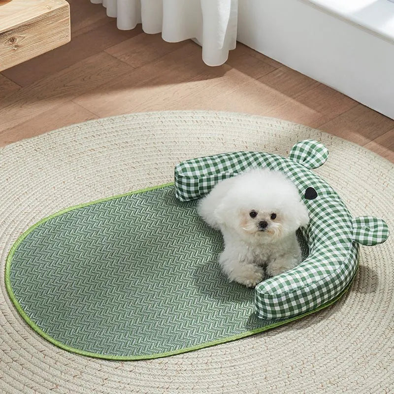 Green and yellow cooling mat for dogs and cats, shown in small, medium, large, and extra-large sizes.