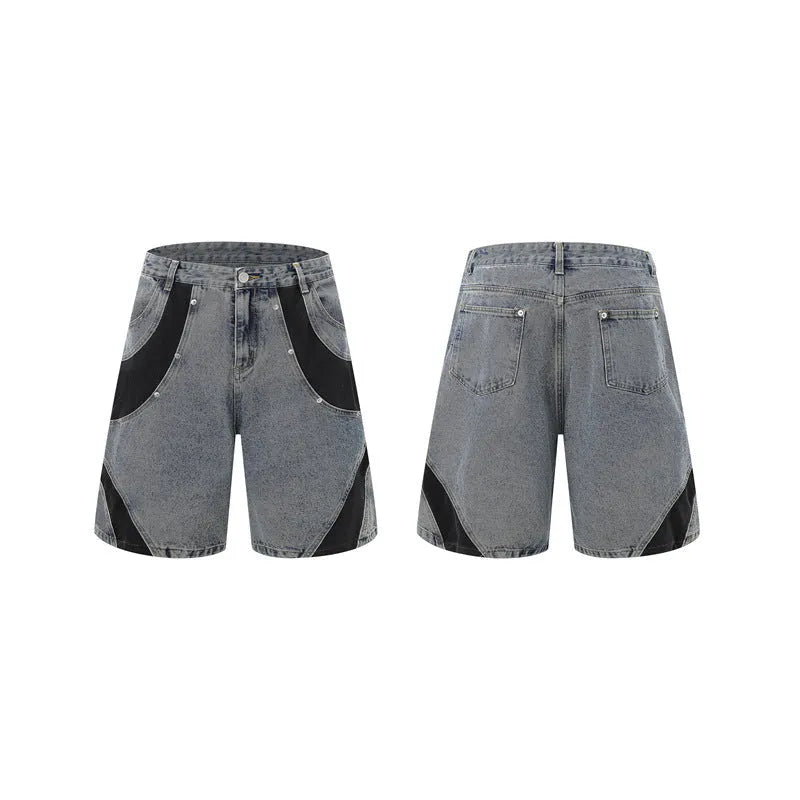 Men's retro washed denim suit set with short sleeve jacket and trousers in blue.
