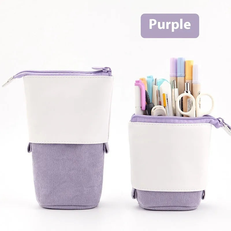 Korean style drop-down telescopic stationery case in corduroy PU material