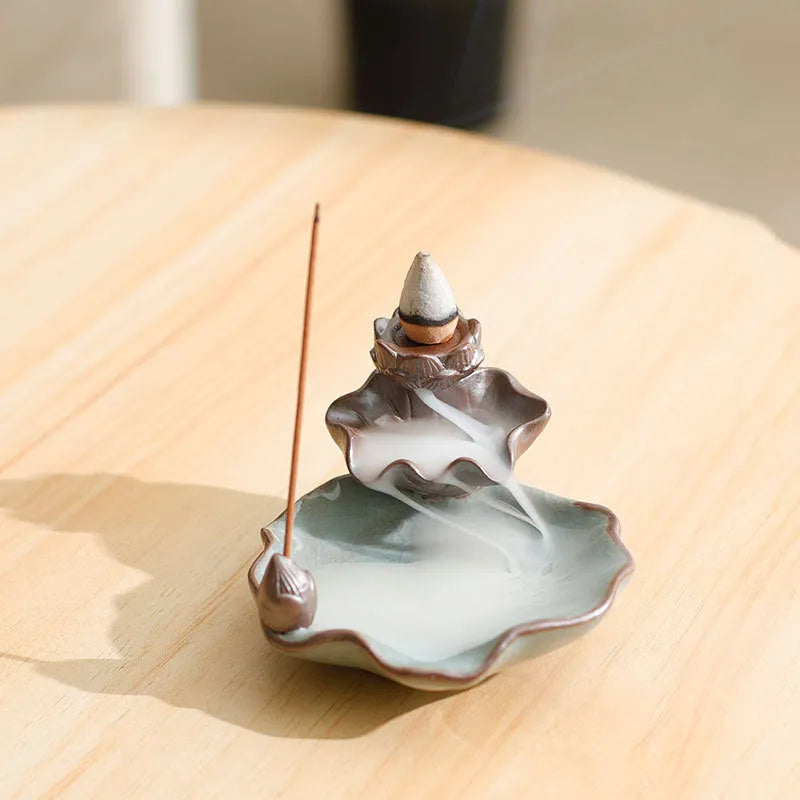 Square purple clay ceramic reverse flow incense burner with crystal glaze and auspicious lotus plum blossom symbols