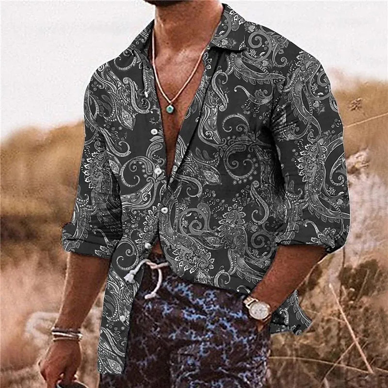 Man wearing a loose fit men's shirt with a detailed 3D floral pattern print on polyester fabric.