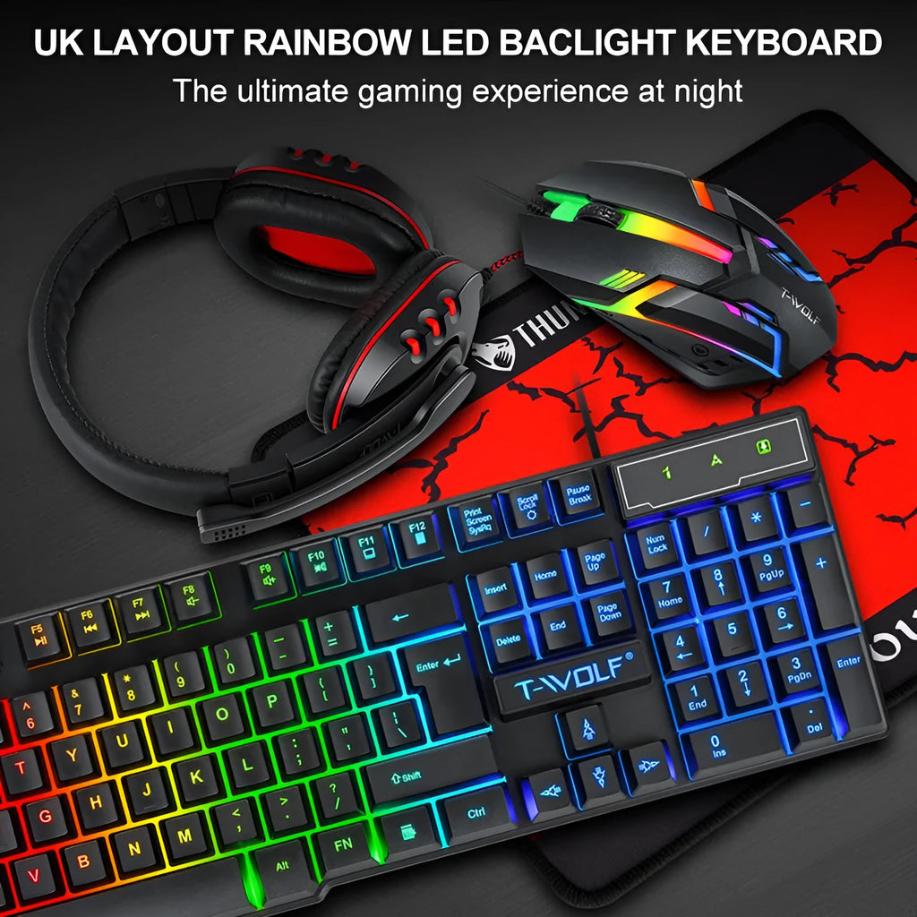 Thunder Wolf wired gaming keyboard mouse headset combo set with USB connections and mouse pad