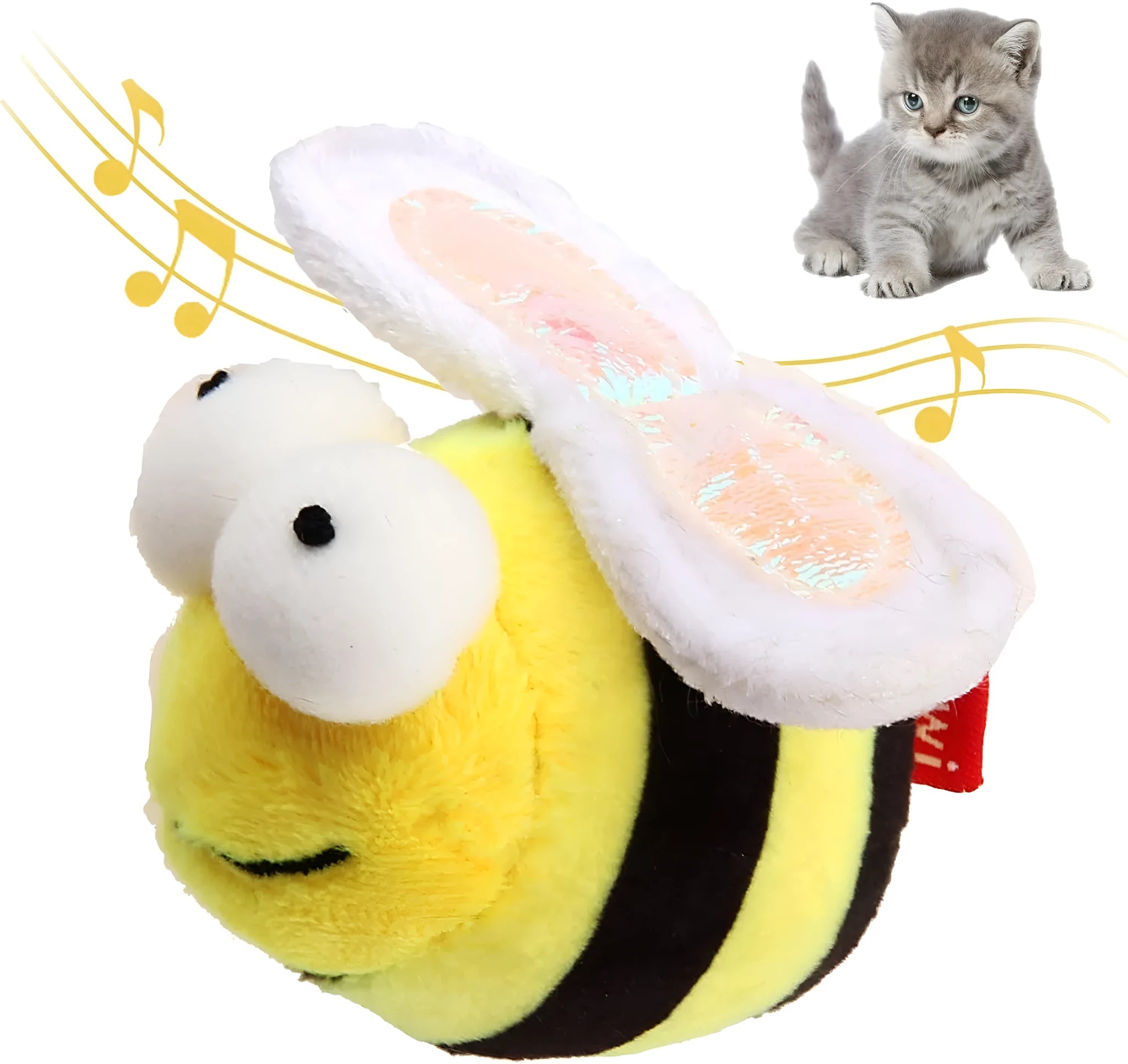 Yellow bee-shaped electronic cat toy with motion-activated squeaking for indoor feline play
