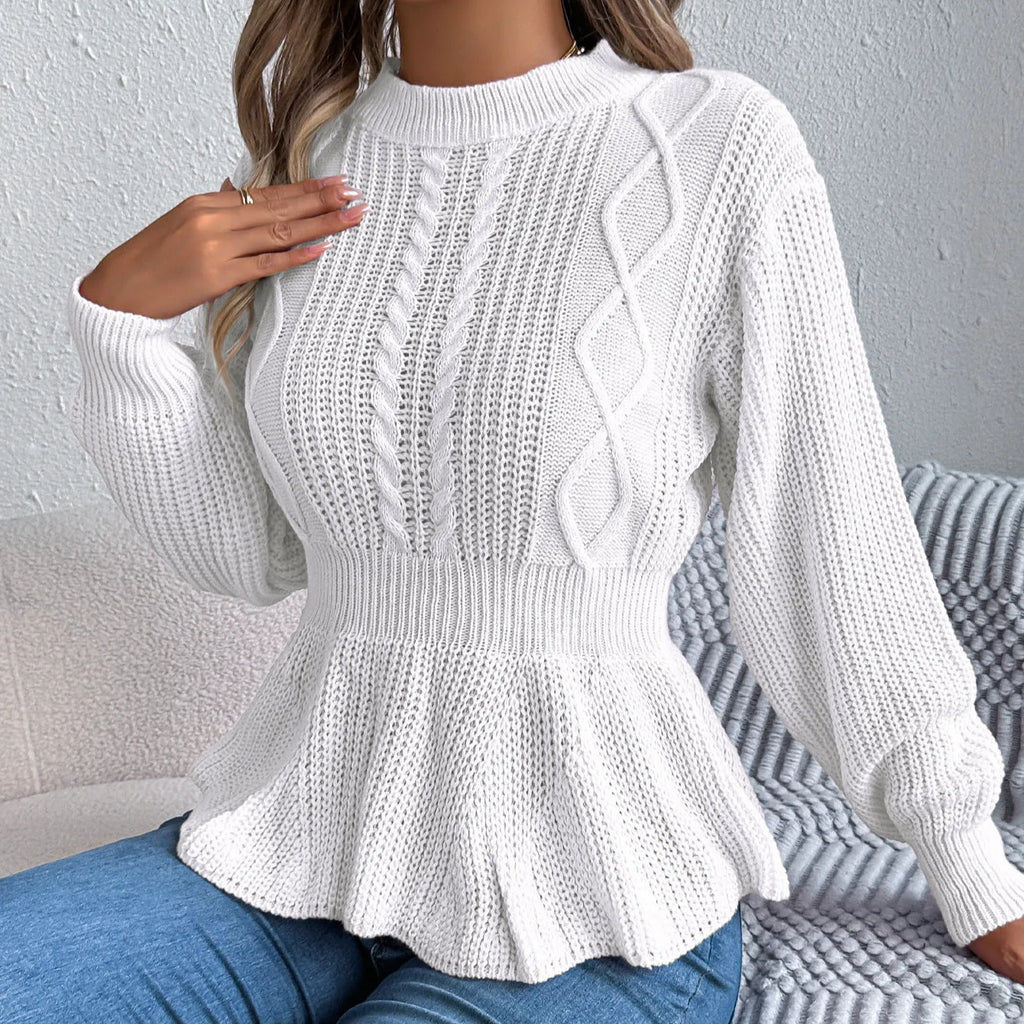 Twist waist trimming ruffles long sleeve pullover in white, wine red, and pink, available in sizes S to XL