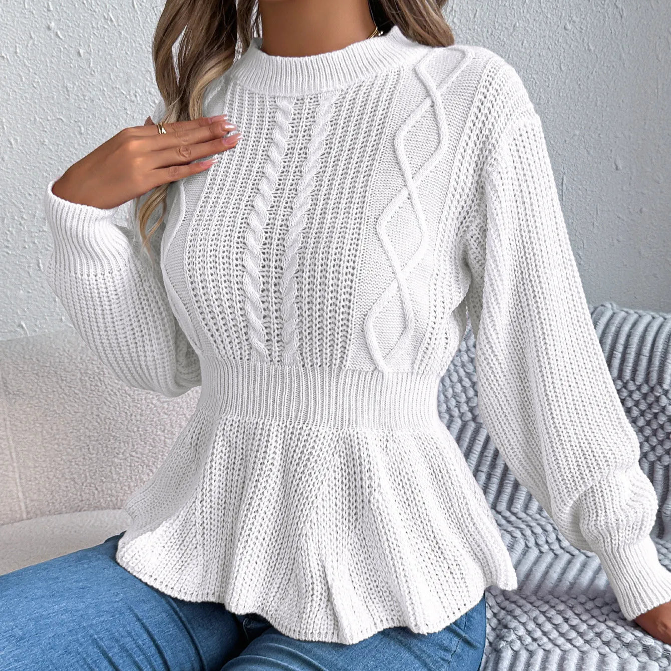 Twist waist trimming ruffles long sleeve pullover in white, wine red, and pink, available in sizes S to XL