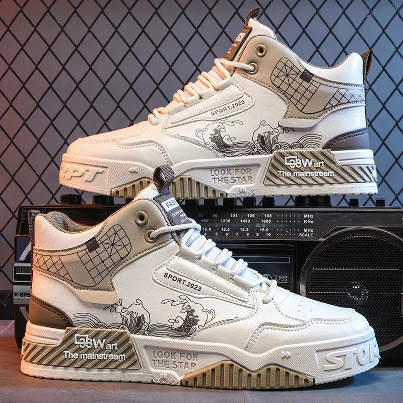 Men's beige high-top lace-up board shoes with a cloth upper and rubber sole on a white background.