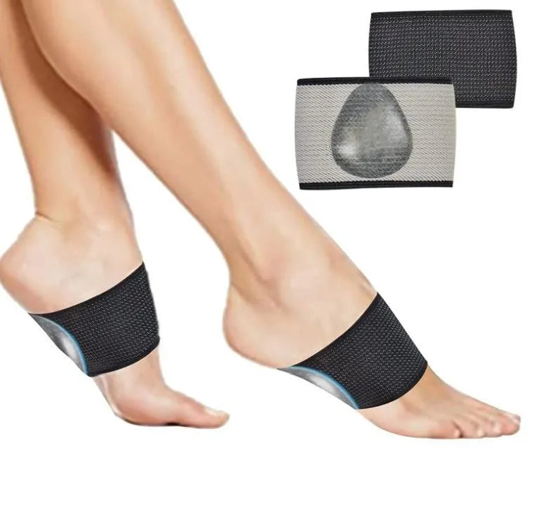 Elastic arch support bandage for flat feet with heart-shaped PU pad in two colour styles.