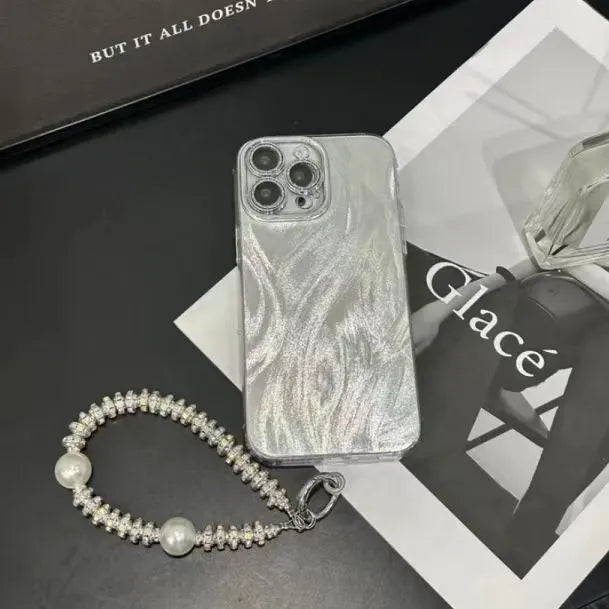 Silver Yarn simple phone case with glitter lens protector for Apple iPhone 13, shockproof IMD material, cartoon style