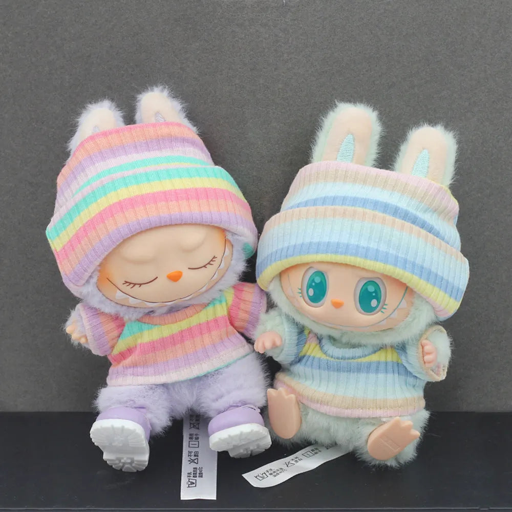Knitted doll clothes set with flanging hat and T-shirt in white, brown, black, pink, purple and striped options