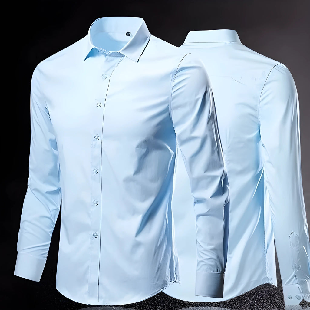 Man's loose fit linen long sleeve shirt in a slim, trendy style on a hanger.
